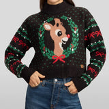 Women's Cozy Knit Rudolph Wreath Cropped Christmas Sweater