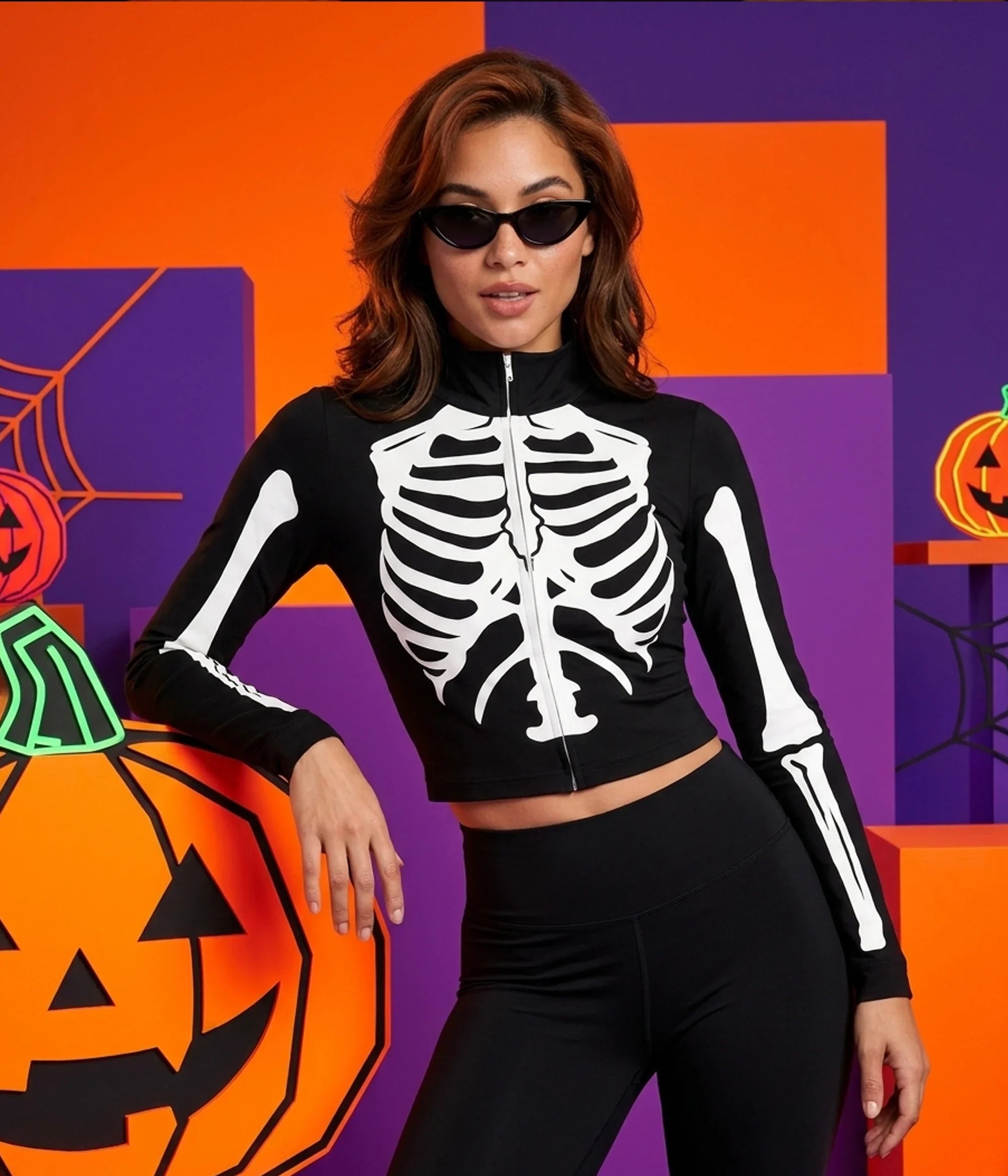 Women's Skeleton Long Sleeve Crop Top