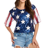 Women's Sequined Stars and Stripes Cropped Tee