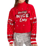 Women's Nice Era Turtleneck Cropped Reversible Sequin Christmas Sweater