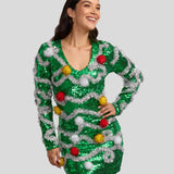 Women's Tangled Pom Pom Sequin V Neck Dress