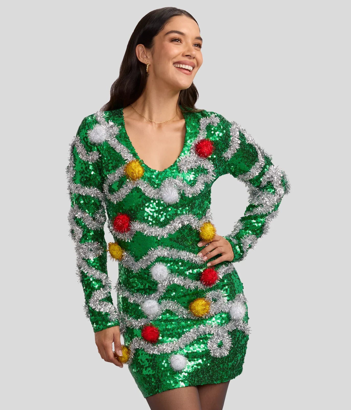 Women's Tangled Pom Pom Sequin V Neck Dress
