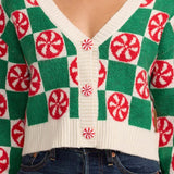 Women's Cozy Knit Checker Mint Cropped Christmas Cardigan Sweater