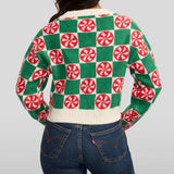 Women's Cozy Knit Checker Mint Cropped Christmas Cardigan Sweater