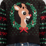 Women's Cozy Knit Rudolph Wreath Cropped Christmas Sweater
