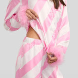 Women's Pink Candy Cane Satin Feather Pajama Set
