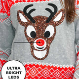 Women's Sequin Rudolph Light Up Ugly Christmas Sweater
