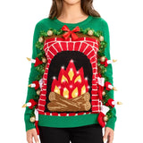 Women's Festive Fireplace Light Up Ugly Christmas Sweater