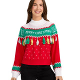 Women's Merry Christmas Tassel Turtleneck Cropped Sweater