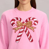 Women's Pink Sequin Candy Cane Sweatshirt