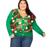 Women's Pom Party Plus Size Ugly Christmas Cardigan Sweater