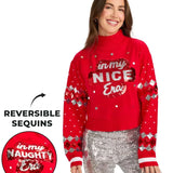 Women's Nice Era Turtleneck Cropped Reversible Sequin Christmas Sweater