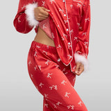 Women's Christmas Bow Satin Feather Pajama Set