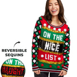 Women's Naughty or Nice Reversible Sequin Ugly Christmas Sweater
