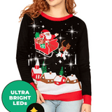 Women's Meowy Christmas Sleigh Light Up Ugly Christmas Sweater