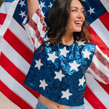 Women's Sequined Stars and Stripes Cropped Tee