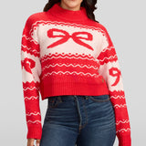 Women's Cozy Knit Bow Cropped Christmas Sweater