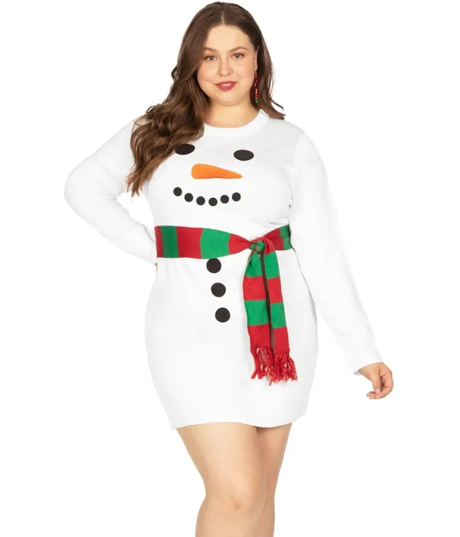 Women's Snowman Scarf Plus Size Sweater Dress